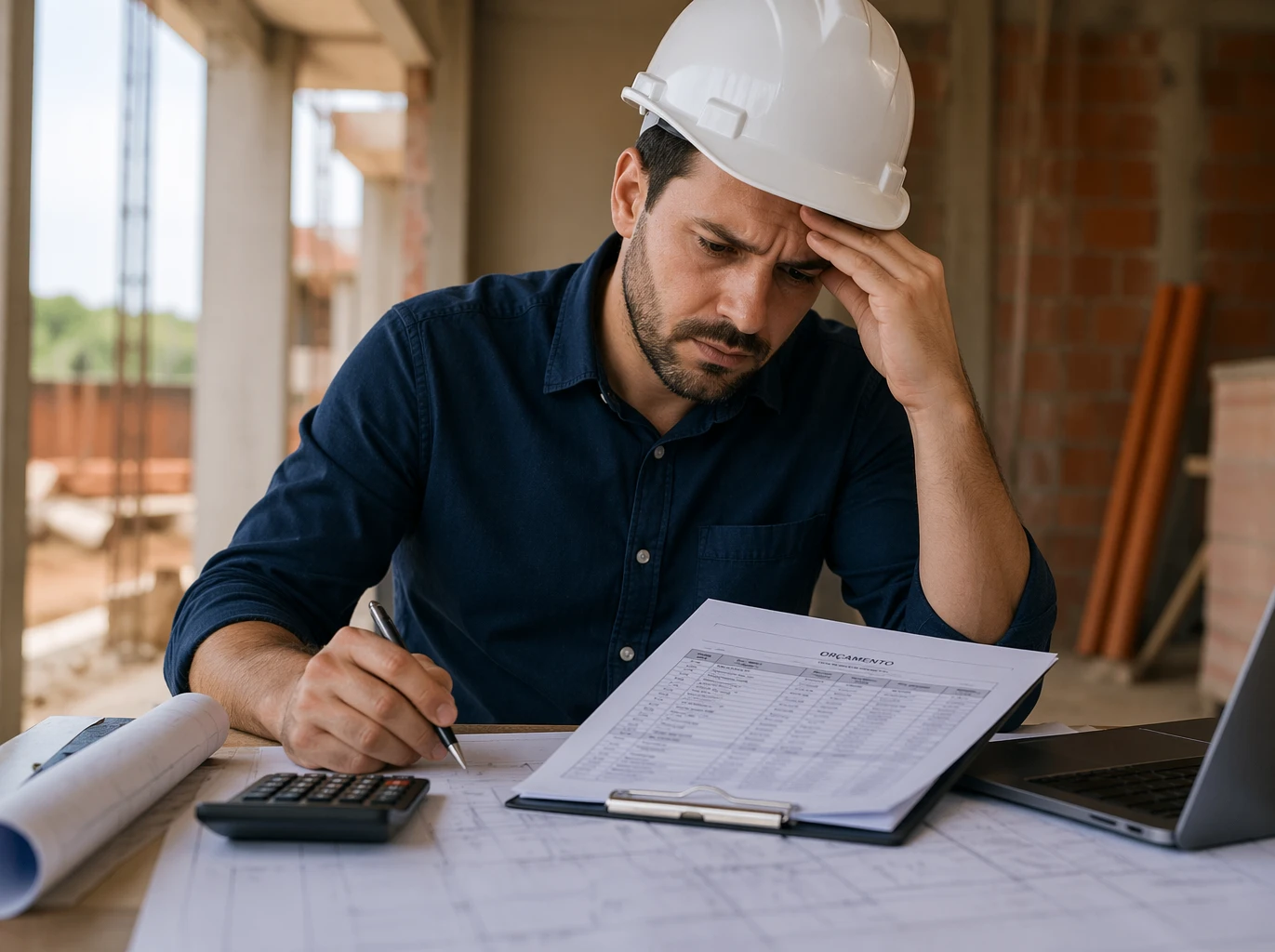 Engenheiro analisando obra estressado